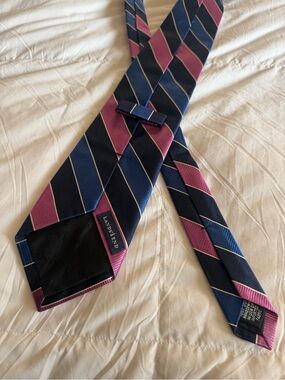 Lands' End 100% Silk Tie - pink, blue, black, white stripes